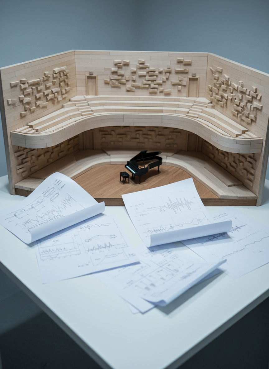 An intimate photographic close-up of a scale model of a performance space on a clean white table. The model features pale wooden balconies, tiny sculpted diffusers along the walls, and a stage with a miniature grand piano rendered in matte black. Around the model lie scattered tracing paper overlays with sketched acoustic diagrams and frequency-response plots, slightly curled at the edges. Cool, diffused studio lighting from above creates soft, even illumination, with subtle highlights on the model’s wooden surfaces and delicate shadows in the balcony recesses. The atmosphere is playful and exploratory, as if caught in the middle of a creative experiment. Captured at a low, slightly oblique angle with shallow depth of field, the foreground edges of the model are razor sharp while the background charts melt into pleasing bokeh, emphasizing design details and research thinking.
