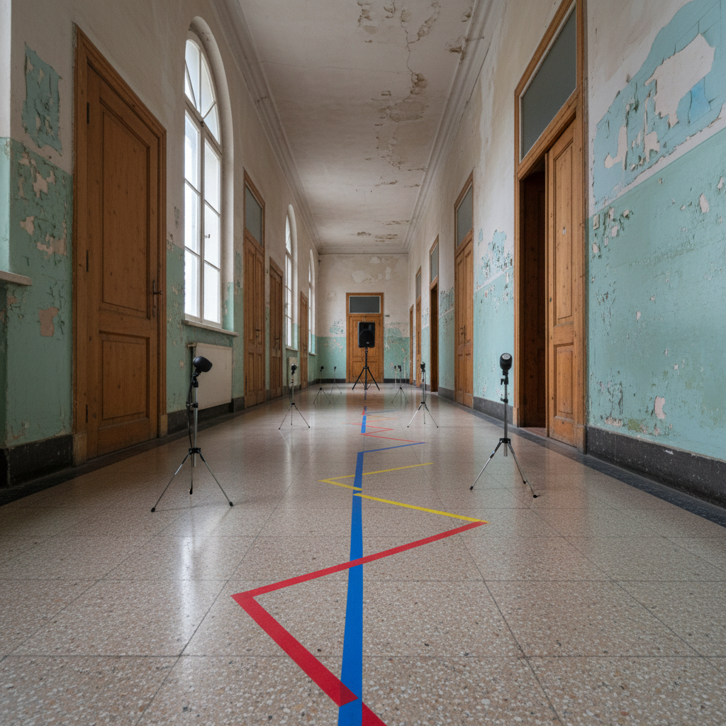 A narrow, reverberant corridor in an old cultural building, transformed into a temporary acoustic research site, rendered in vivid photographic realism. The long space is lined with mismatched doors, peeling pastel paint, and high ceilings adorned with simple moldings. Along the corridor floor, small omnidirectional microphones on slim stands and bright-colored tape markings trace a playful zigzag measurement path. At the far end, a compact loudspeaker on a tripod faces down the hallway. Overcast daylight seeps in from a single high window, creating a soft, slightly moody atmosphere with gentle reflections on the worn terrazzo floor. Captured from a low-angle, vanishing-point perspective, the composition emphasizes the corridor’s depth and echoic character, conveying the feeling of listening to architecture and exploring cultural spaces through sound.