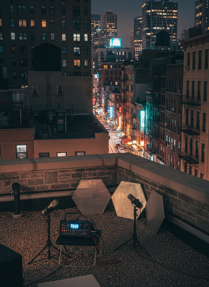 A night-time city rooftop transformed into an outdoor listening lab, overlooking a dense urban fabric, rendered in crisp photographic realism. On the gravel surface, a portable field recorder, directional microphones on compact stands, and a small array of reflective acoustic panels form a playful experimental setup. Low parapet walls frame views of varied building facades, some with illuminated windows, others dark and textured. The scene is lit mainly by sodium-vapor streetlights and distant neon, casting warm, cinematic glows and cool shadows across equipment and rooftop pipes. A long-exposure feel creates subtle light trails from passing traffic far below. Captured at eye level with a moderate lens, the composition uses the rule of thirds, keeping the recording setup in sharp foreground focus while the cityscape softens into a bokeh of color, emphasizing urban soundscapes as both research subject and cultural ecosystem.