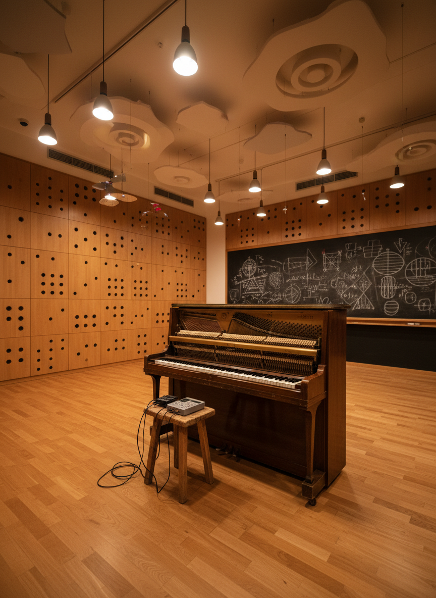 A warmly lit rehearsal room that doubles as an acoustics playground, captured in photographic realism. The space features honey-colored hardwood floors, perforated wooden wall panels for diffusion, and a high ceiling with suspended acoustic clouds in irregular, whimsical shapes. In the center stands a polished upright piano with its top open, strings exposed, while a cluster of small contact microphones, cables, and a portable recorder rest on a nearby stool. Soft tungsten pendant lights cast cozy pools of light, creating gentle reflections on the piano’s lacquer and subtle shadows between the ceiling clouds. The mood is playful and experimental, as if music and research blend seamlessly here. Shot from a slightly elevated corner with a wide lens, the image includes a chalkboard wall filled with abstract diagrams in the background, slightly blurred to keep focus on the instrument and space.