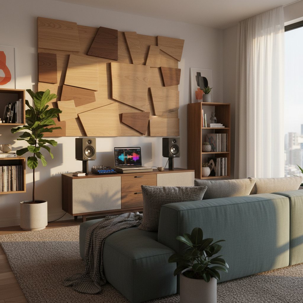 A cozy, contemporary living room designed as an experimental listening space, captured in photographic realism. A low modular sofa in muted teal fabric faces a wall of floating wooden acoustic panels with irregular, playful geometry. On a sleek sideboard below, small reference speakers flank a glowing audio interface and a laptop displaying colorful waveforms, screen softly reflected on the matte surface. Late afternoon golden-hour light enters through a large window with sheer curtains, casting elongated shadows that emphasize texture in the panels and textiles. The mood is inviting and curious, as if the room itself is a quiet laboratory. Shot at eye level with a wide lens, the composition balances foreground plants and background shelving, keeping everything in crisp focus to showcase the harmonious meeting of interior design and sound.